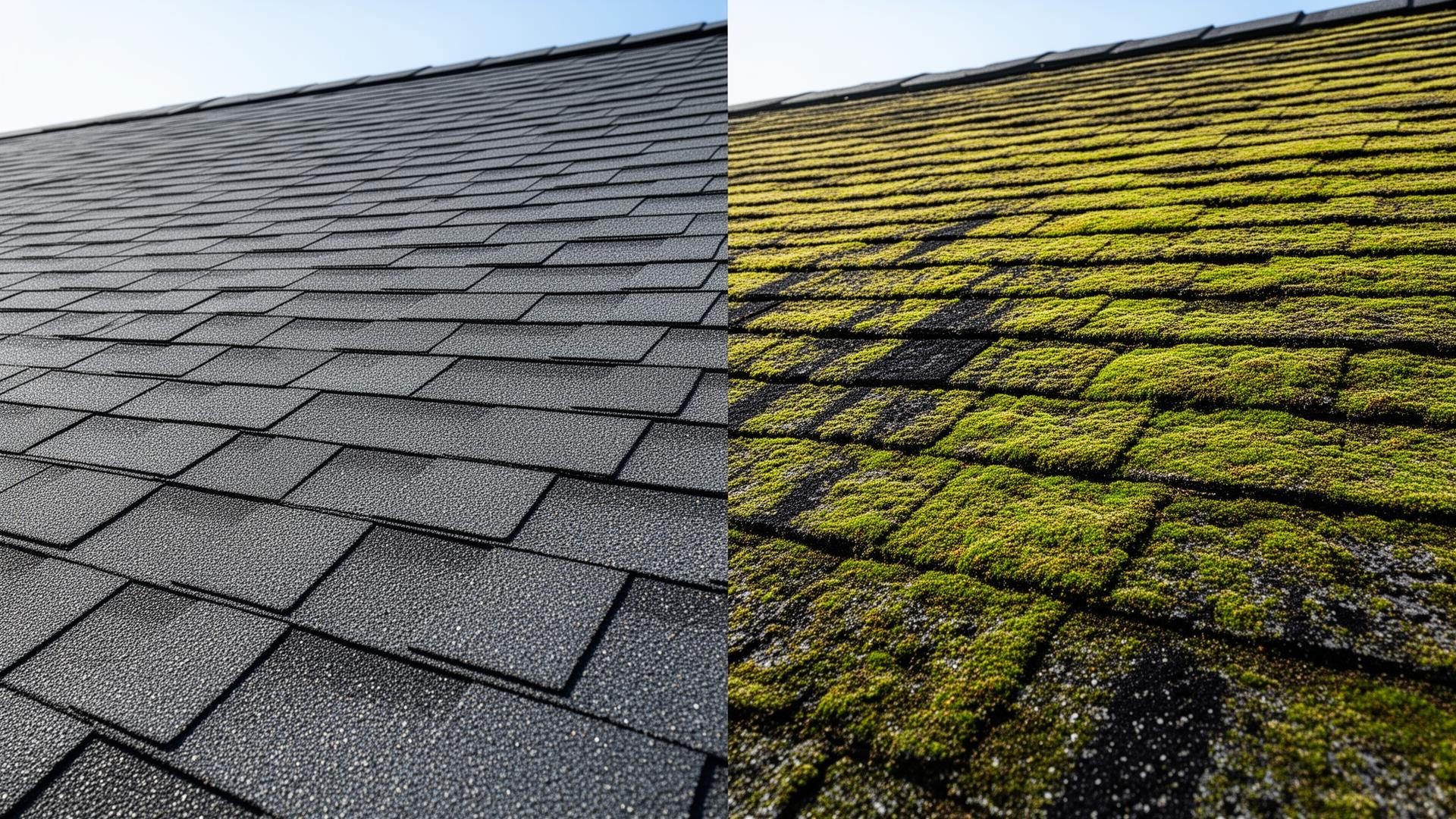 Clean roof versus moss-covered roof comparison